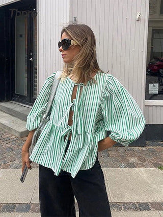 Jemima - Trendy Striped Blouse - Puff Sleeves